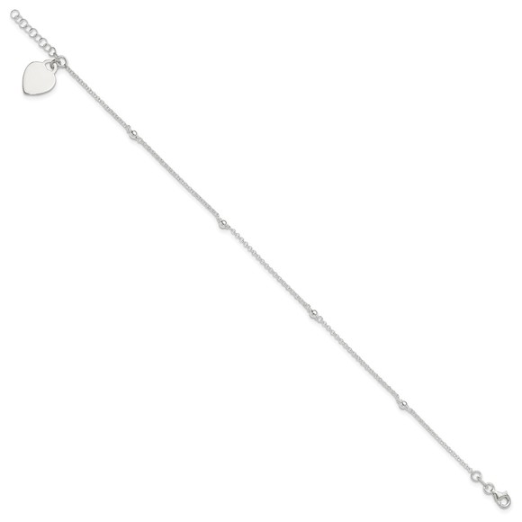 925 Sterling Silver Polished Bead and Heart Charm 9" + 1" Ext. Jewelry Anklet - Picture 3 of 8